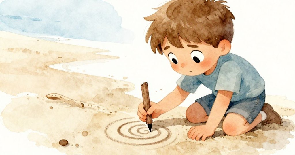 保羅跪在濕沙上，用破裂木棍尖端細心勾勒螺旋線，表情堅定展現創意與毅力。