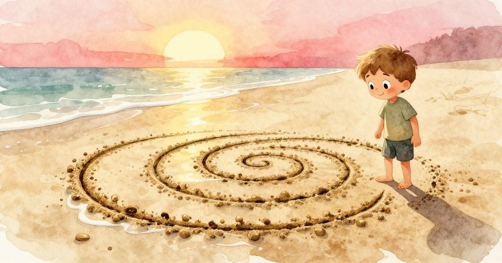 保羅滿意注視完成的沙螺旋，溫柔海浪輕拂外環，夕陽映照出藝術與短暫美感，現場充滿詩意。