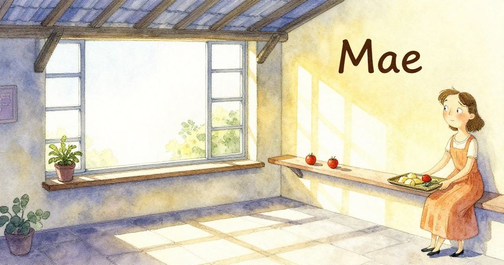 梅在充滿陽光的室內靠近窗邊滑動金屬托盤，背景中的舊屋與石地呈現溫暖而充滿希望的氛圍