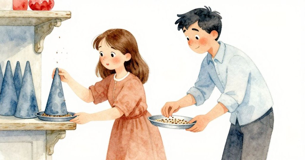 梅輕滑金屬托盤，維農細心整理散落種子，兩者對比突顯物件細節，展現溫暖細膩的瞬間