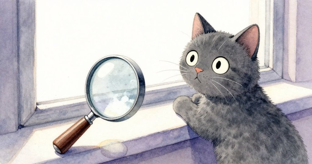 灰貓從低視角凝視窗台上的放大鏡，銀塵隨光閃耀，牠充滿好奇心探索周遭細節