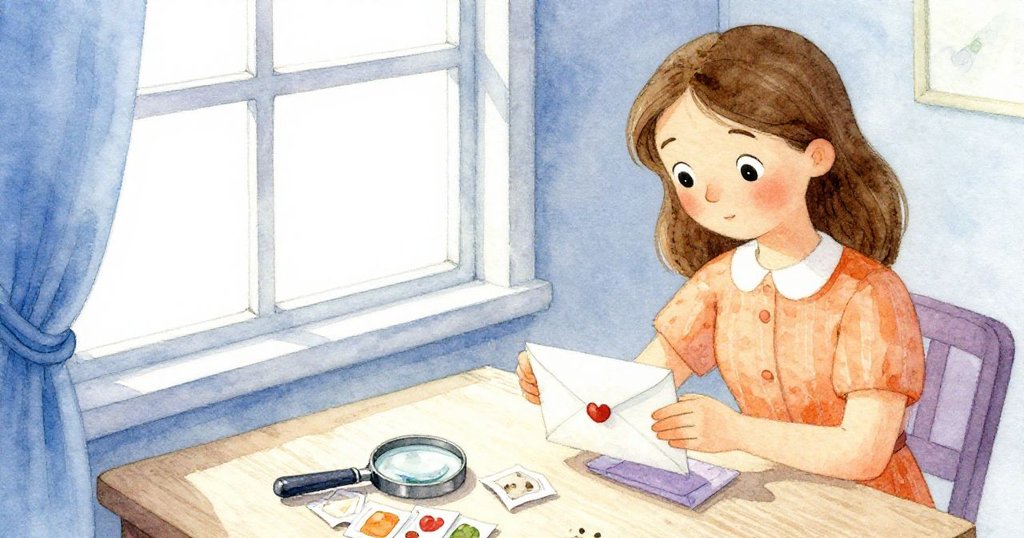 梅在靠窗過渡空間中打開皺信封，旁邊散落著破損種子包，細節充滿神秘期待