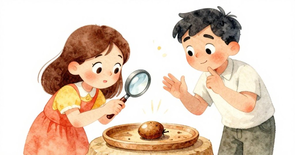 梅與維農在木盤前合作操作放大鏡，透過光束觀察一粒異樣種子，臉上流露出專注與歡喜