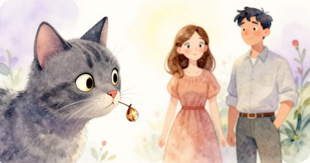 灰貓鬚上附著閃銀般的蘭花種子，背景中梅與維農靜觀，呈現奇妙與沉思的溫柔結局