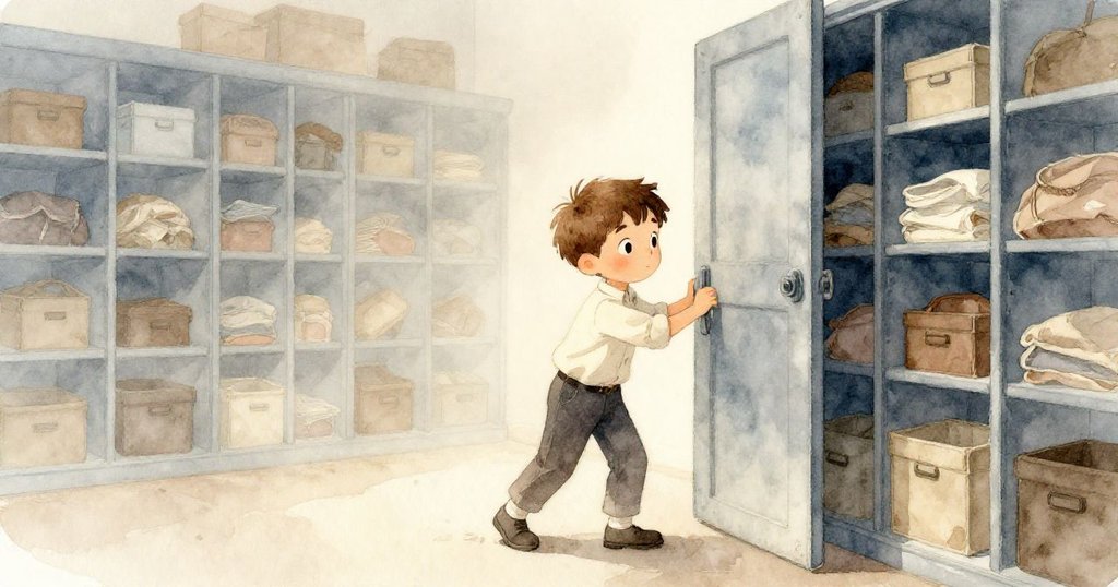 在早晨微霧的儲藏室裡，Luke努力拉開金屬門，環境光線柔和，他的表情充滿決心與探索精神。