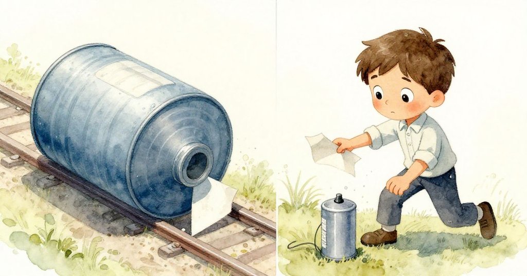 畫面分割呈現，左側鋁罐因潮濕緩慢滑動，右側Luke巧妙用紙楔固定物品並取得墨粉盒，動作連貫且充滿智慧。