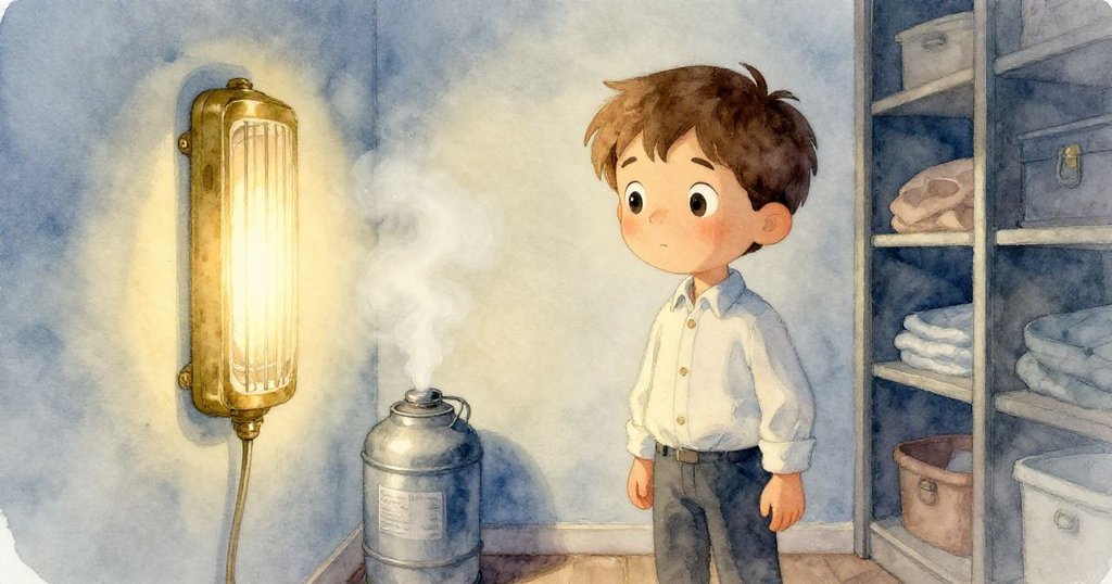 牆上暖器發出柔和金光，一道暖氣與冰冷罐子相遇產生細緻蒸汽，Luke在背景靜觀變化，場景充滿神秘轉換。