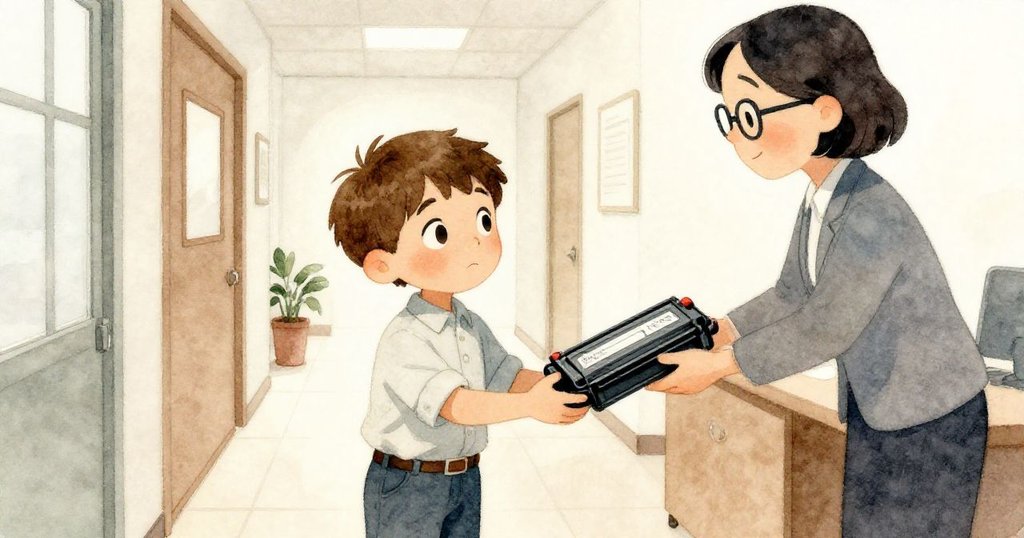 Luke在走廊中將墨粉盒遞給辦公室助理，兩人滿懷輕鬆與感激的笑容，互動溫馨而專注，場景呈現柔和燈光。