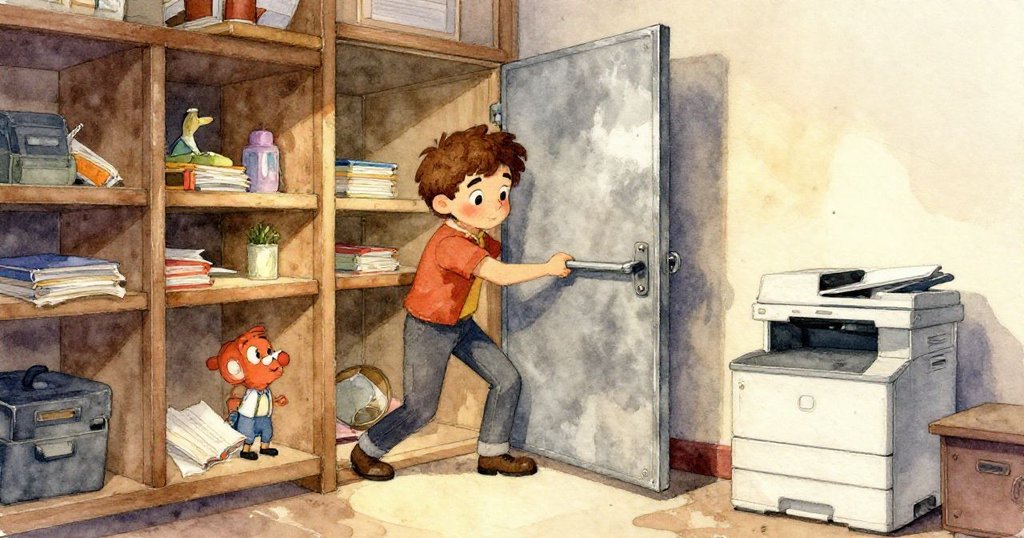 空曠走廊中，冰冷罐子在濕滑鐵軌上緩緩移動，銀色水滴隨之墜落，營造出神秘且令人深思的餘韻。