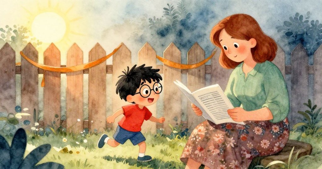 在晨霧中，Zane在庭院玩耍，Aunt坐於木柵旁閱讀，溫暖光影中展現家庭聚會後的餘韻。