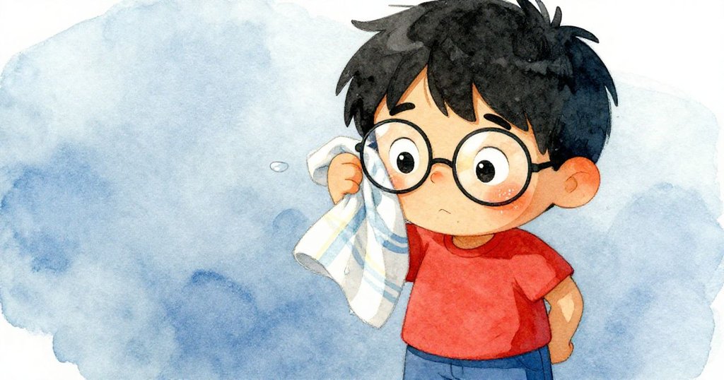 Zane聚焦清潔眼鏡，濕潤細點映著陽光，臉上流露出好奇與驚奇，動態感十足。