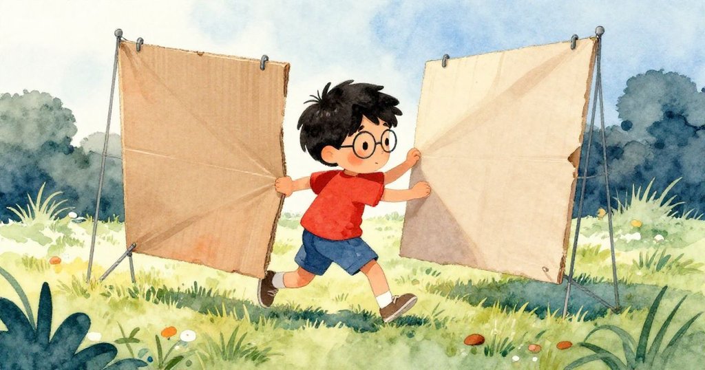 Zane迅速穿越綠茵草坪，拿著紙板保護桌上物件，背景展現溫暖陽光與遠牆靜謐，動作果敢。