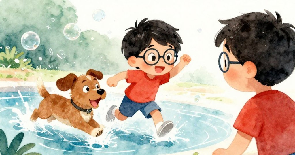 快樂家庭犬在水花飛濺中追逐閃亮水珠，Zane在旁含笑注視，生動場景展示歡樂追逐與動感變化。