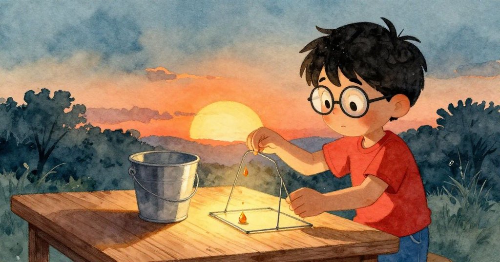 夕陽餘暉中，Zane在木桌前整齊排列鐵絲架，注視最後一滴琥珀色液滴，溫暖安靜中見生活收尾。