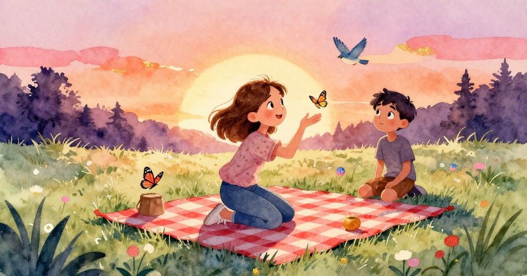 Iris與Trent在草地上鋪展格子毛毯佈置野餐，蝴蝶和小鳥圍繞其間，充滿希望與愉悅，場景明亮溫馨。