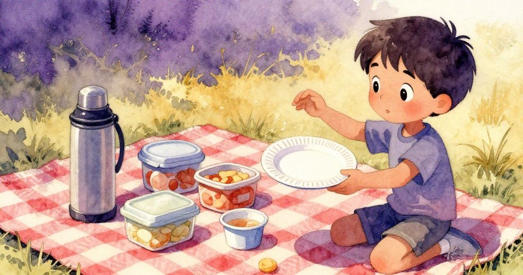 Trent在毛毯邊緣小心調整紙盤，附近陳列著盛滿水果與義大利麵沙拉的容器，展現專注與細膩情感。