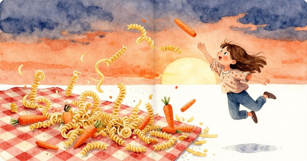 Iris在風中急衝接住毛毯角落，一邊展現驚訝與果斷，義大利麵和胡蘿蔔條四散飛舞，場景充滿動感。