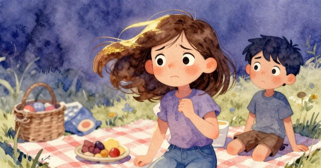 Iris面部表情流露內心糾結與決心，凝視風中散亂的野餐物品，背景中Trent若隱若現，情緒微妙。