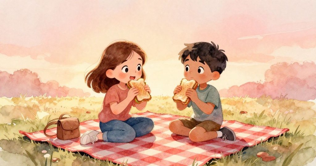 Iris與Trent坐在整頓後的野餐毛毯上共用三明治，彼此微笑互動，場景恢復溫馨平靜，結局充滿希望。