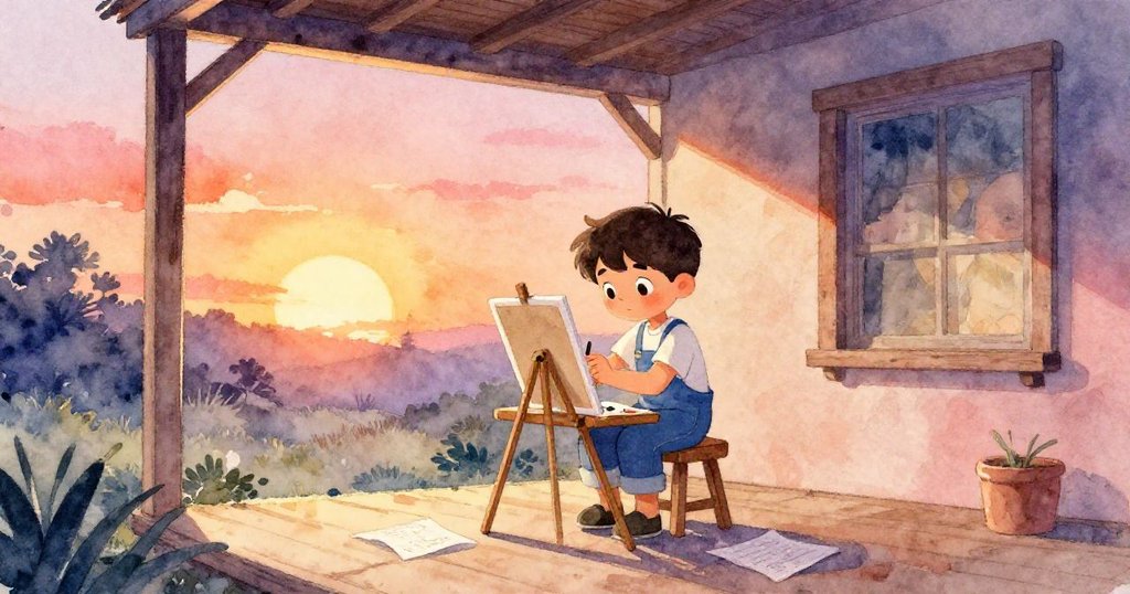 克魯斯在溫暖微風的門廊上準備畫作,輕撫濕潤紙張,背景展現木質欄杆與柔和夕陽,充滿專注與期待。
