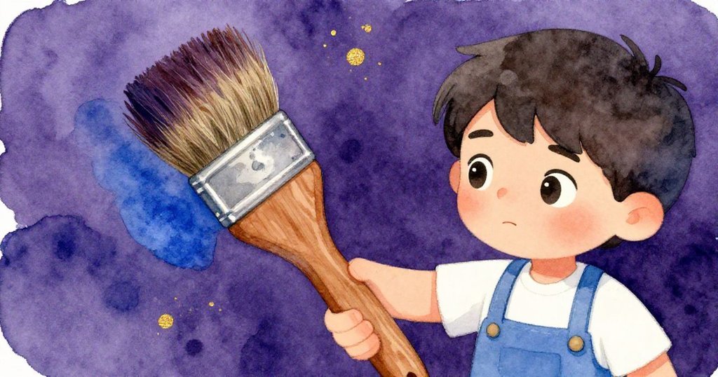 克魯斯專注檢視沾有鈷藍的扁平畫筆,特寫呈現木質筆桿細節,背景柔和光線襯出創作氛圍。