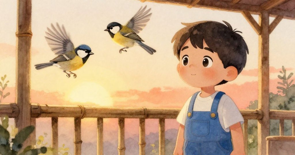 門廊竹欄上,兩隻麻雀活躍爭執,克魯斯在旁觀察,夕陽餘暉讓畫面充滿自然與生動氣息。