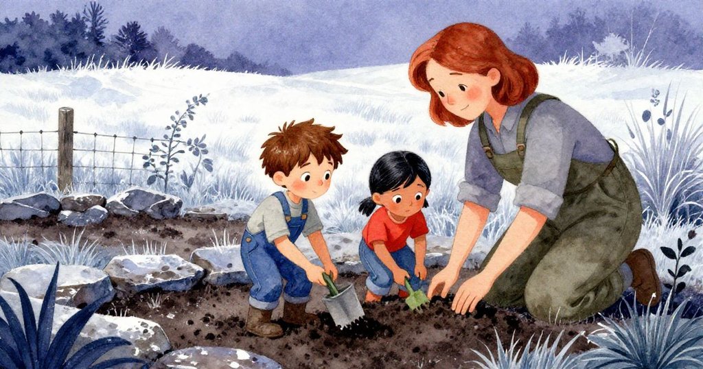 Eamon 穿著藍色工裝在濕潤泥土上邁步前行，Rosa與Sable忙於處理石頭，背景有白霜草原與舊鐵柵欄，呈現合作情景。