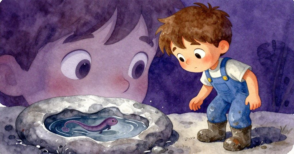 Eamon 目光專注，近距離觀察石下閃著銀光的水窩與蠕動的蝌蚪，表情充滿好奇與警覺。