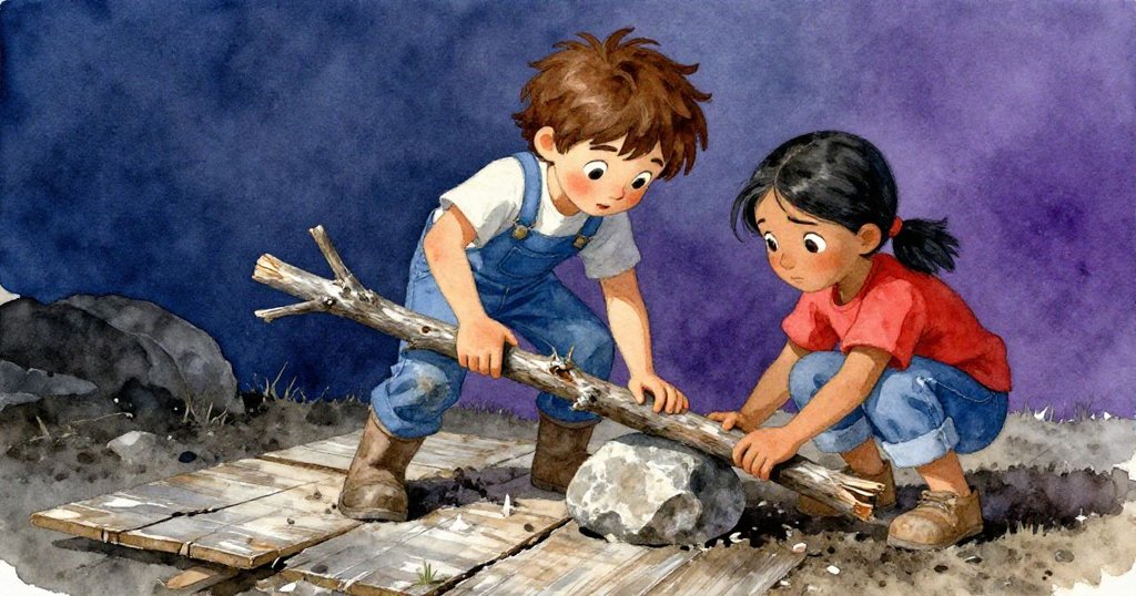 Rosa與Eamon合作調整石頭，兩人分別運用木枝和破舊板條，場面動態活躍，展現團隊解決問題的決心。