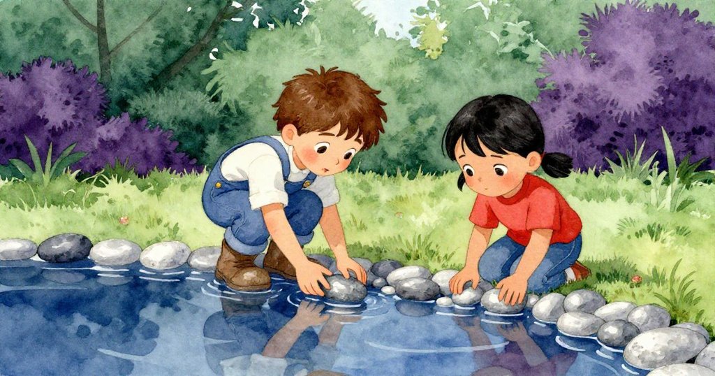 Rosa與Eamon在新形成的彎月形水池邊放置兩顆光滑卵石，神情寧靜滿足，背景展現柔和光影與自然和諧。