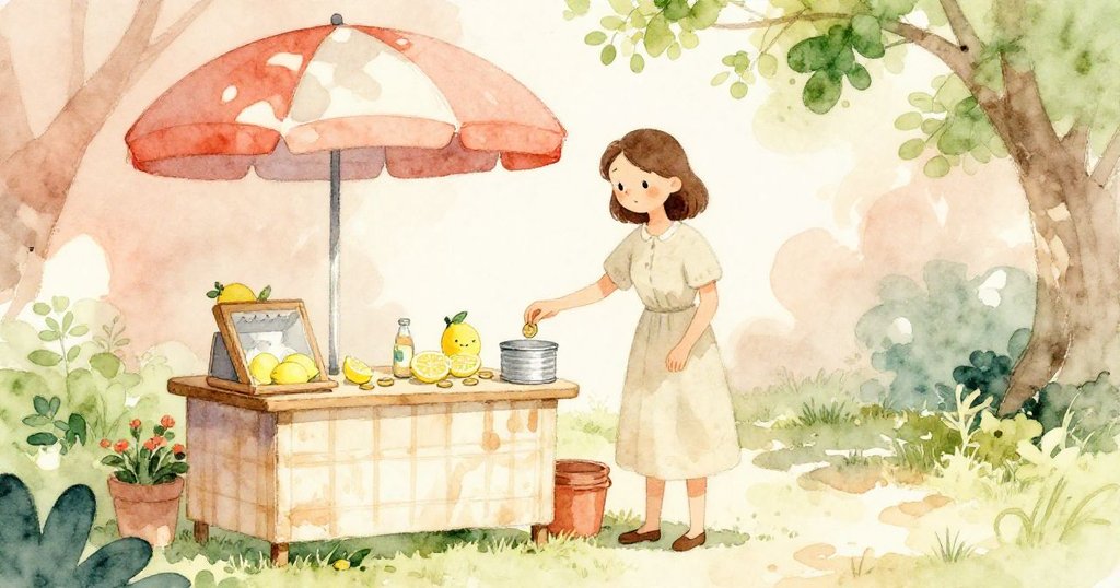 Harriet在戶外檸檬水攤前忙碌，投入銅幣入小盒中，陽光與陰影交織，神情專注。