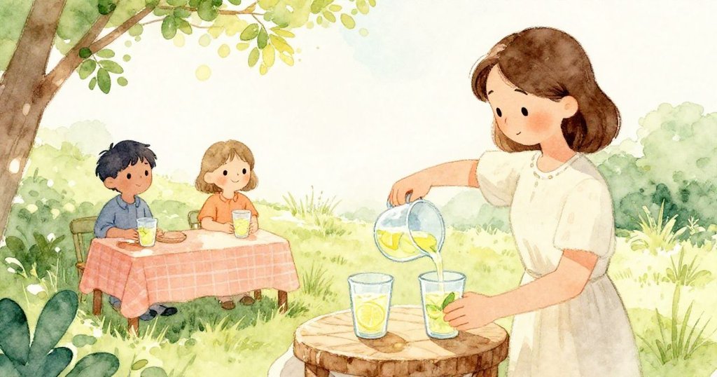 Harriet從背後倒出檸檬水，兩顧客在草地上滿懷期待，光影斑駁中展現忙碌情景。