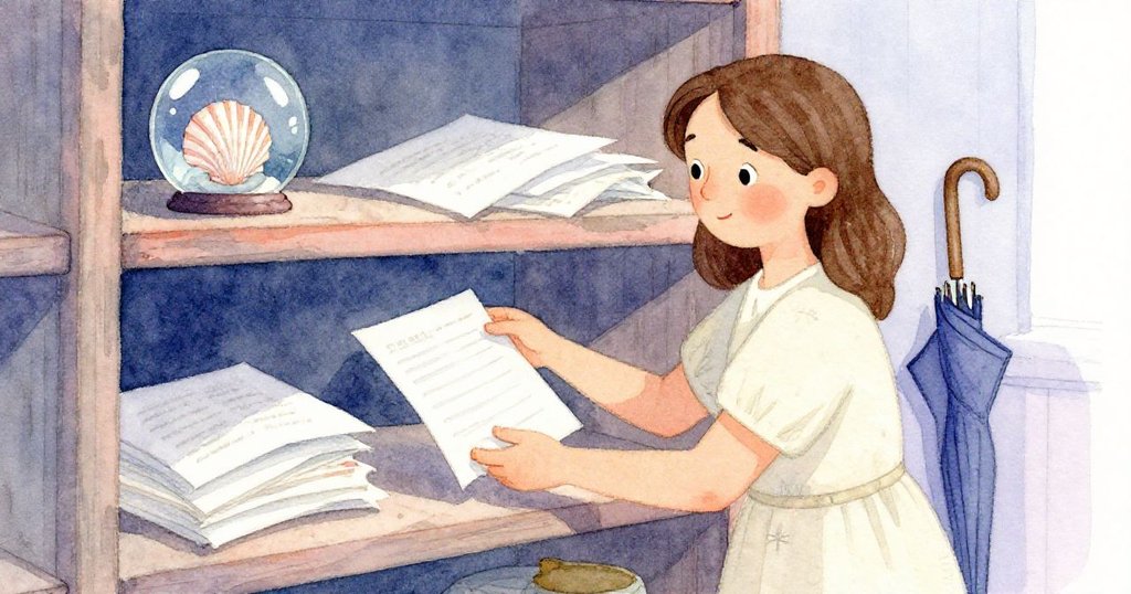 Harriet在溫馨室內整理攤位用品，傘布翻倒、紙張散落，環境古樸中流露專注神情。