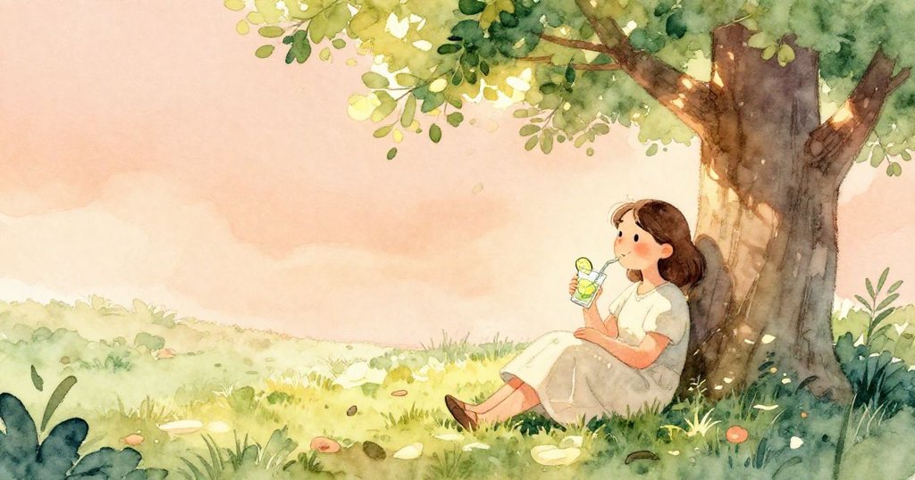 Harriet於樹下休憩，輕啜檸檬水，夕陽餘暉映照下，臉上展現平靜滿足的微笑。