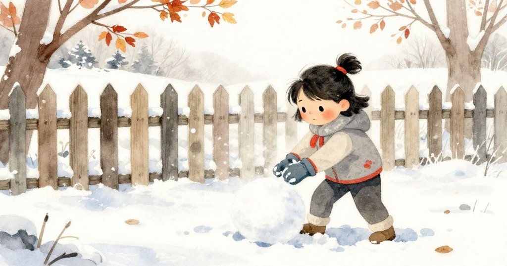 戶外雪地中，Iris在充滿落葉與日光的庭院捏雪球，背景有柏樹柵欄，開始打造半成品雪燈，現場活力四射。