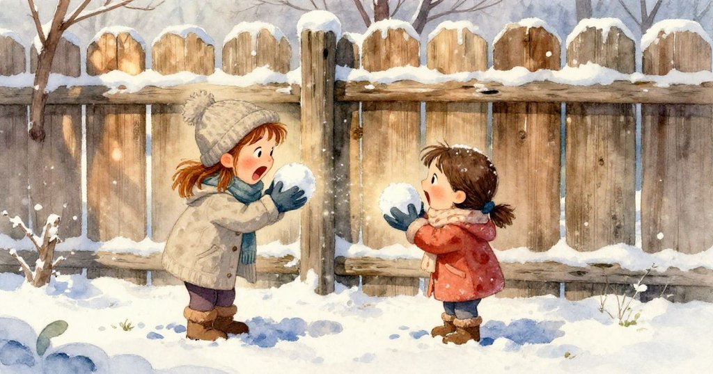 Iris的雙手戴著濕手套專注捏雪球，袖上小珐琅動物徽章閃耀，背景柔和的雪景突顯細節豐富。