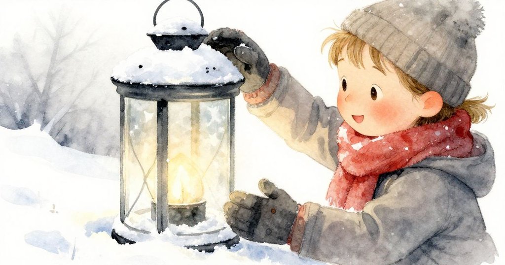 Sage小心將冰霜邊緣的玻璃罐放入雪燈中，罐面映出柔和琥珀光芒，充滿溫柔細膩的感覺。