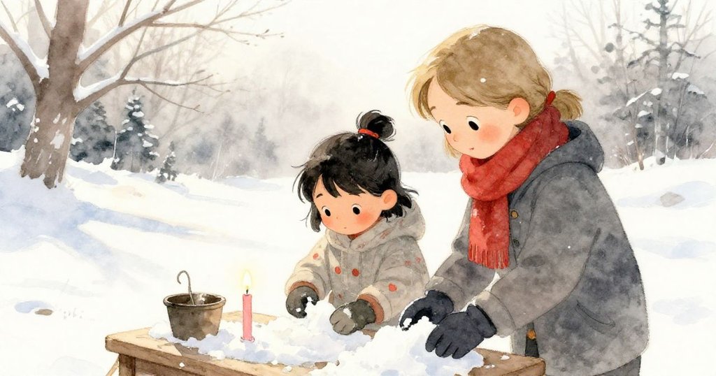 Iris與Sage在午後逐漸轉暗的雪地中合作清除雪燈旁的溶雪區，溫暖與涼意交織展現默契。