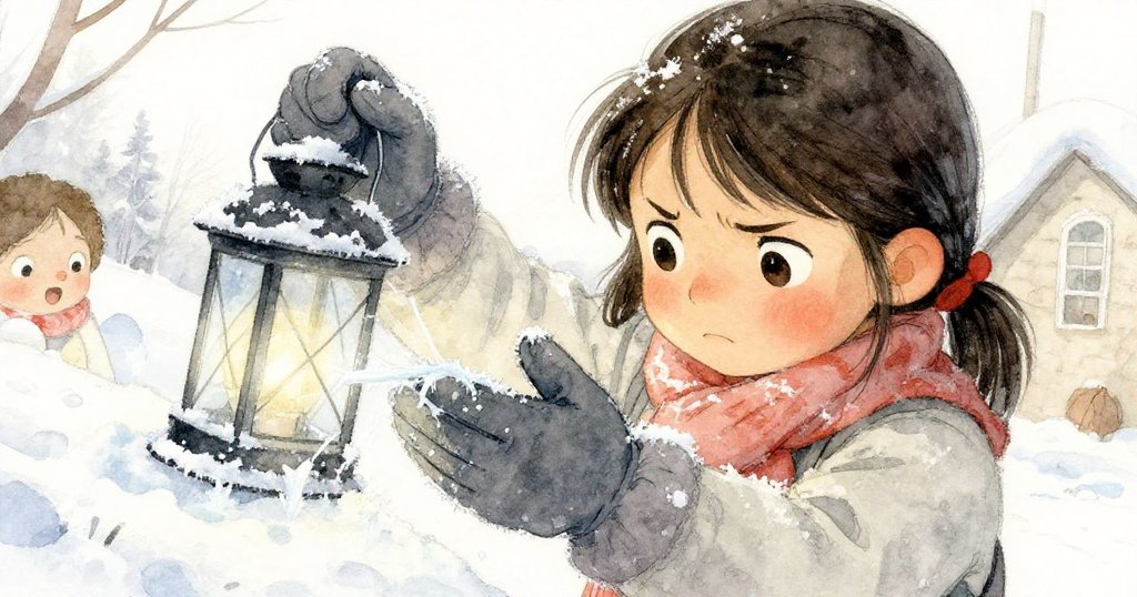 Iris發現雪燈上覆蓋冰膜後神情緊繃，用濕手套輕柔剝去冰層，畫面充滿挑戰與堅定決心。