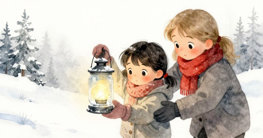 Iris與Sage攜手抬起發光的雪燈，背景中溫暖的琥珀光輝穿透縫隙，展現團結與成功。