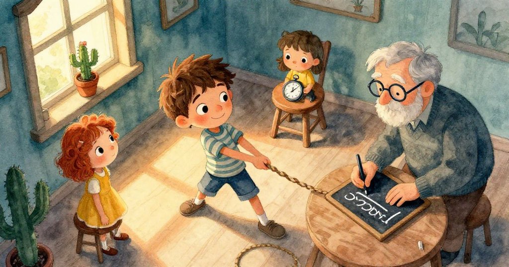 芬恩在溫暖的室內場景中拉動繩索，莉莉和爺爺在旁邊觀察記錄，畫面充滿動感與溫馨情感。