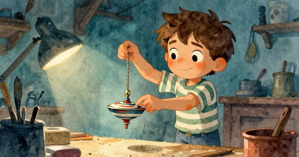 芬恩低角度仰望中展現堅定目光，正專注調整轉盤工具，背景呈現溫馨工作室細節。