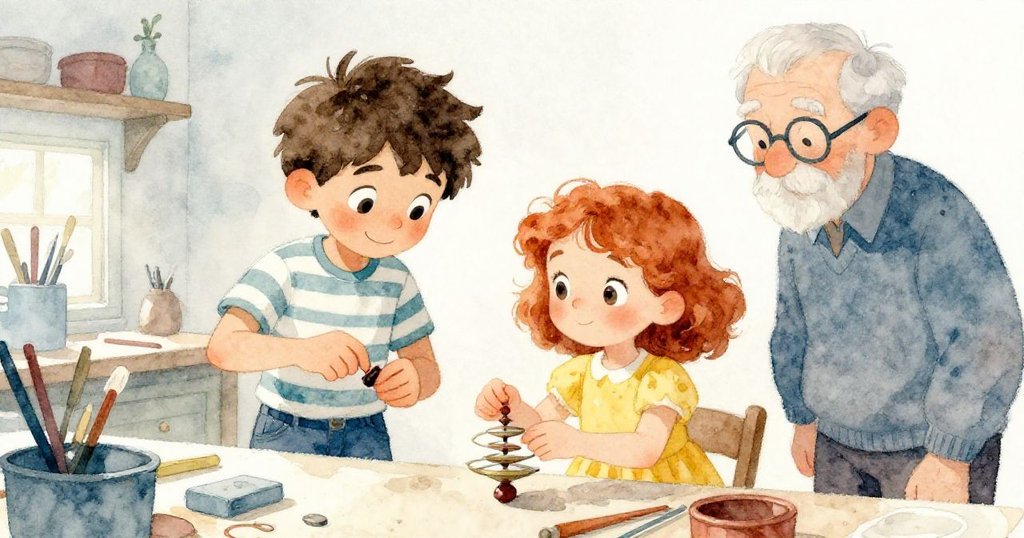 在柔和回憶調中，芬恩正更換重夾，莉莉穩定轉盤，爺爺靜觀記錄，畫面充滿默契與溫情。