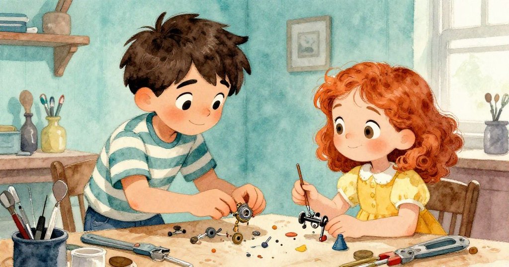 芬恩和莉莉在工作台交換零件，彼此合作默契，背景細節豐富，充滿決斷與希望。