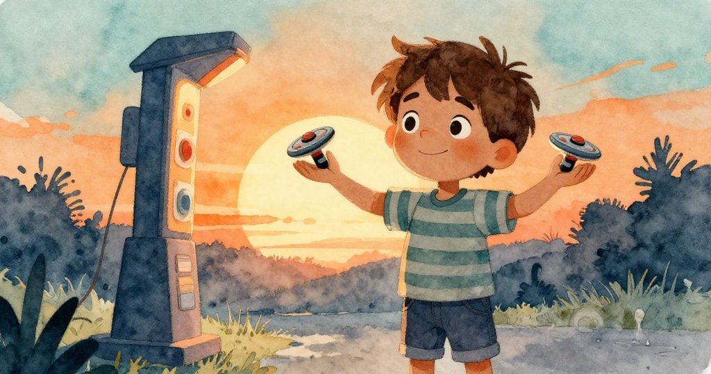 黃昏時分，芬恩在啟動台上自信舉著兩轉盤，夕陽灑下暖光，情緒充滿希望與喜悅。