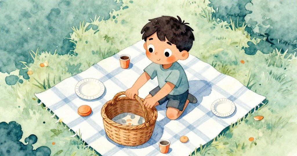 雷夫在戶外草地上擺放野餐用品，從鳥瞰視角看見藍灰格子毯、籃子、紙盤與杯子，充滿活力與期待。