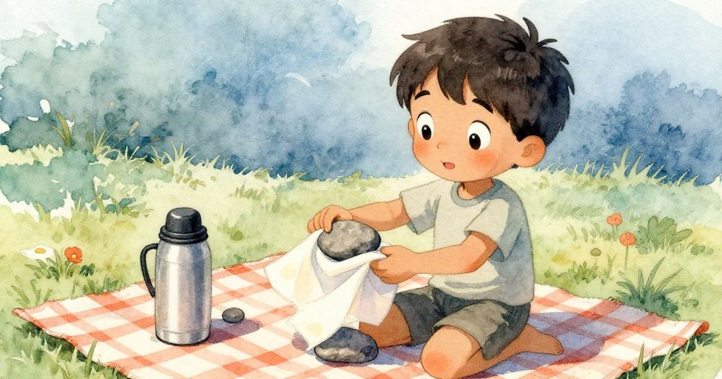 雷夫專注地調整野餐用具，用石頭固定保溫瓶下飄揚的餐巾，展現細膩與認真。