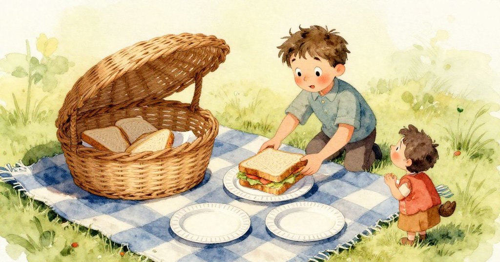 從微小生物視角看見螞蟻在草邊忙碌，麻雀飛過含苞橡實的小樹枝，野餐現場呈現自然細節。