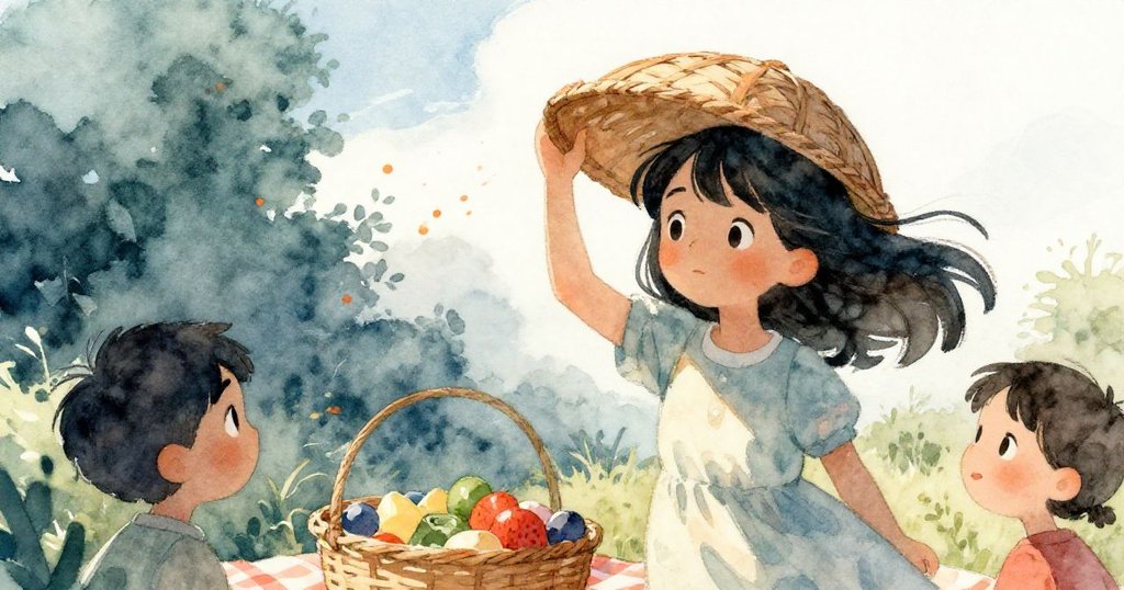 瑪倫靜心調整籃子蓋作為風盾，她專注而從容地維護野餐現場，展現轉折中的平和。