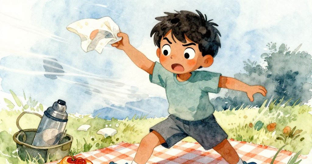 雷夫奮力抵抗陣風，緊握保溫瓶與餐巾，面露緊張神情，野餐現場充滿挑戰與動感。